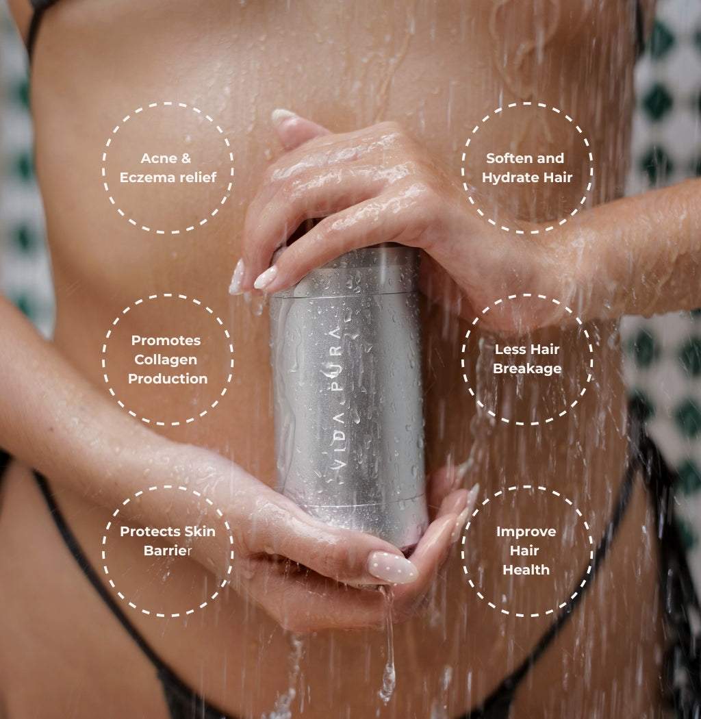 Model holding Vida Pura Shower Filter with key hair and skin benefits