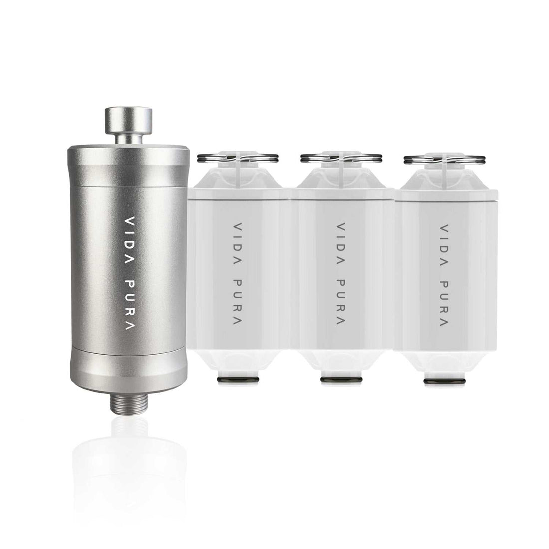 The Vida Pura Shower Filter and 3 replacement Cartridges