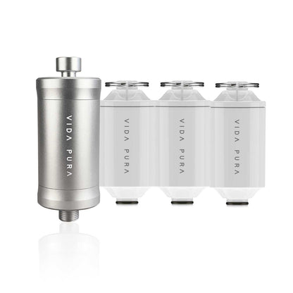 The Vida Pura Shower Filter and 3 replacement Cartridges