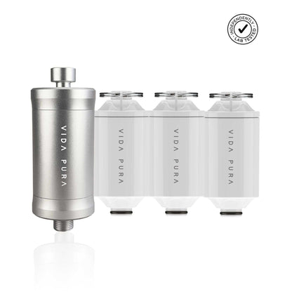 Vida Pura 12 Month Shower Filter Bundle with one filter and three replacement cartridges for pure water and skin care