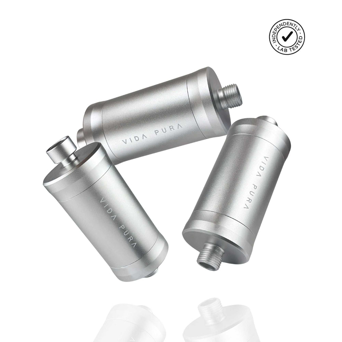 Vida Pura Shower Filter Trio bundle with advanced chlorine and contaminant removal in sleek aluminum design